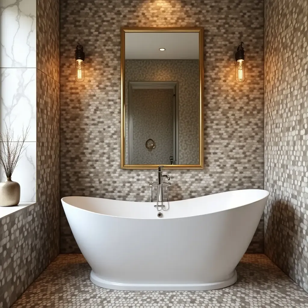 a photo of a glamorous bathroom featuring iridescent tiles and chic decor