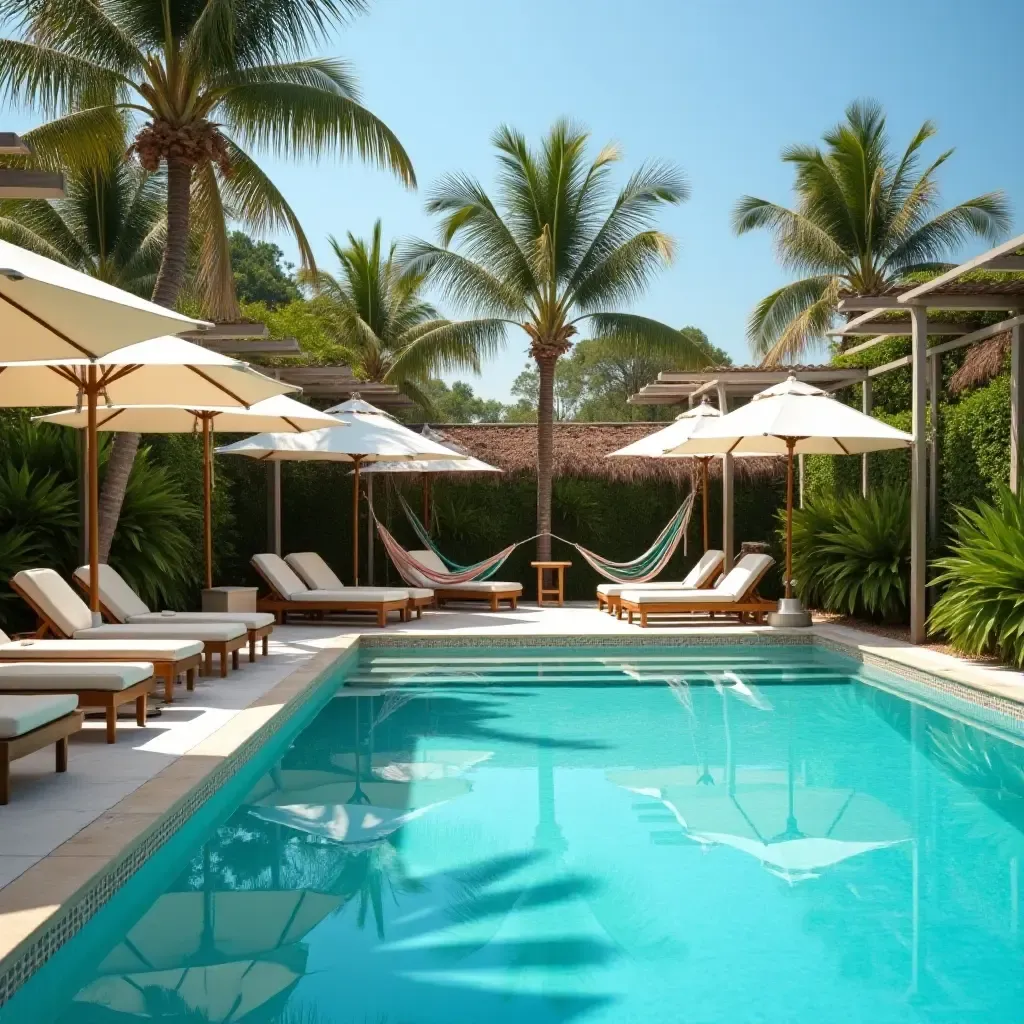 a photo of a shaded lounge area by the pool with umbrellas and hammocks