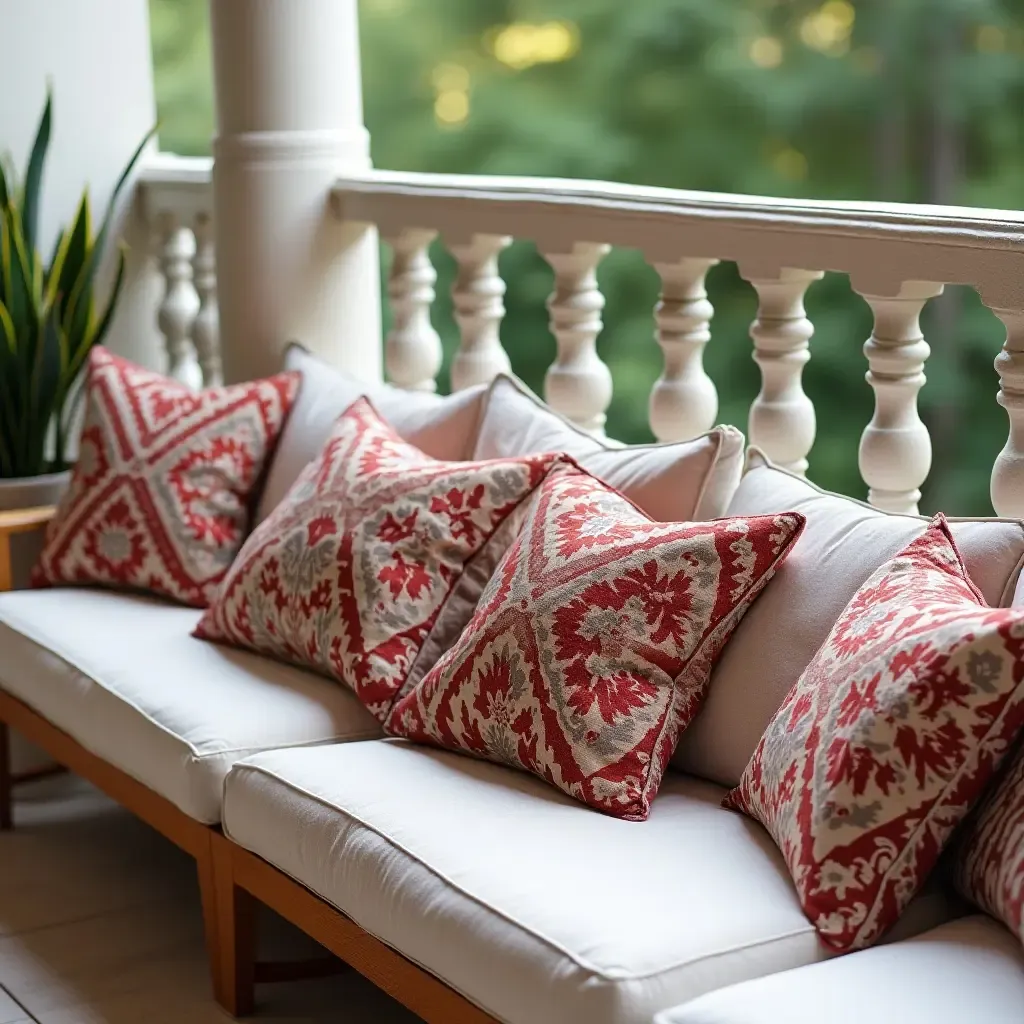 a photo of a bohemian balcony with patterned throw pillows