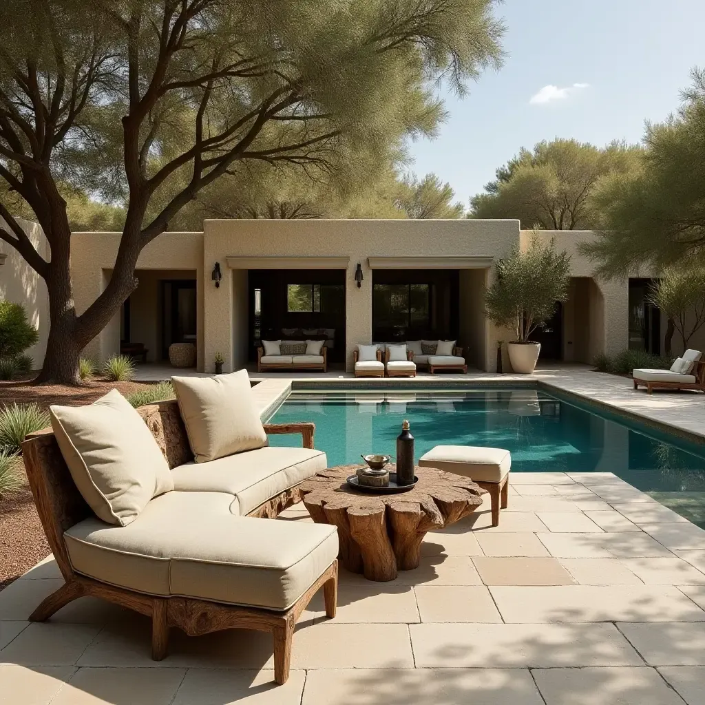 a photo of a rustic poolside view combining earthy fabric elements, driftwood furniture, and decorative metal pieces