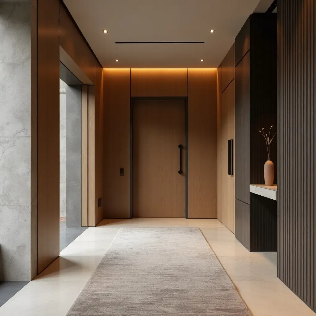 a photo of a contemporary entrance hall merging fabric, wood, and metal textures seamlessly