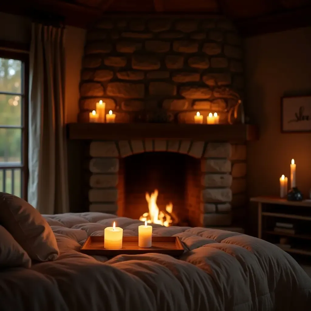 a photo of a bedroom with a stone fireplace and flickering candles