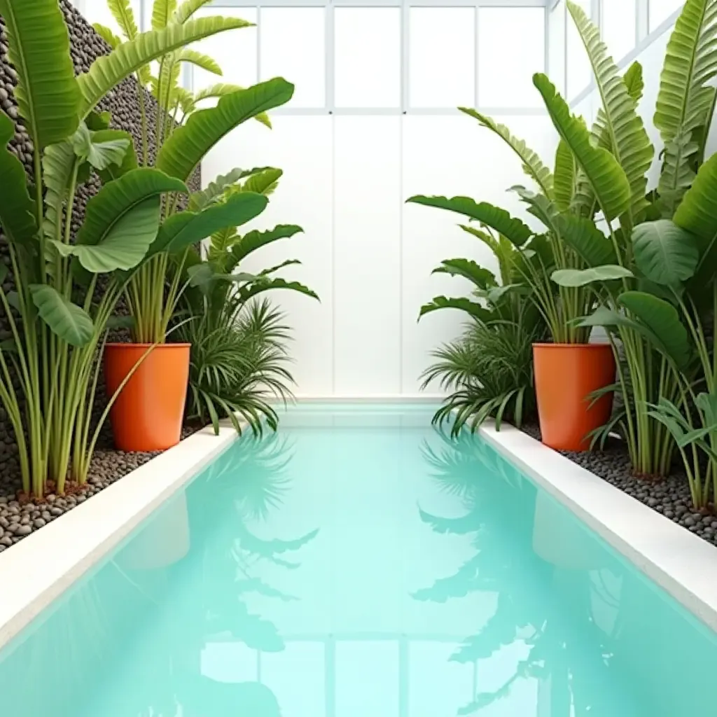 a photo of a serene white pool framed by lush green plants and orange accents