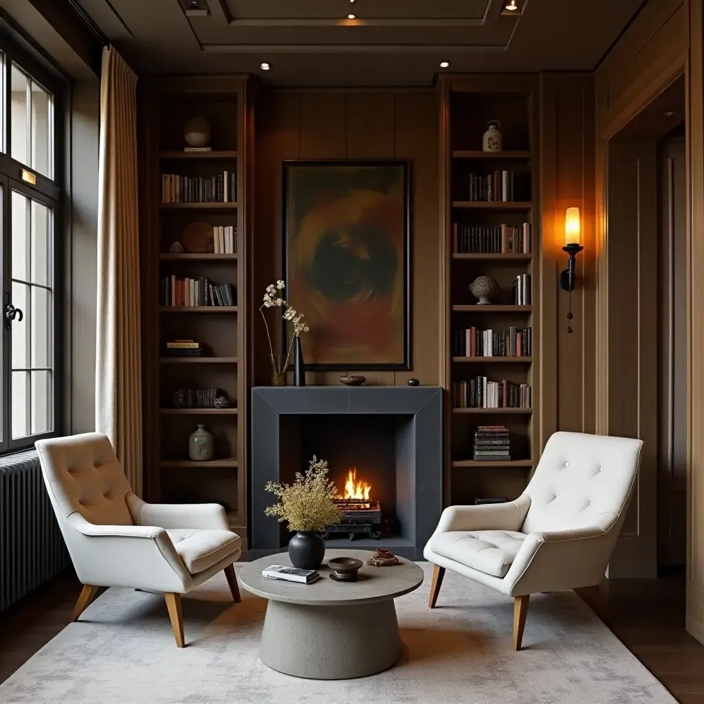 a photo of a modern library with vintage wall sconces and sleek furniture