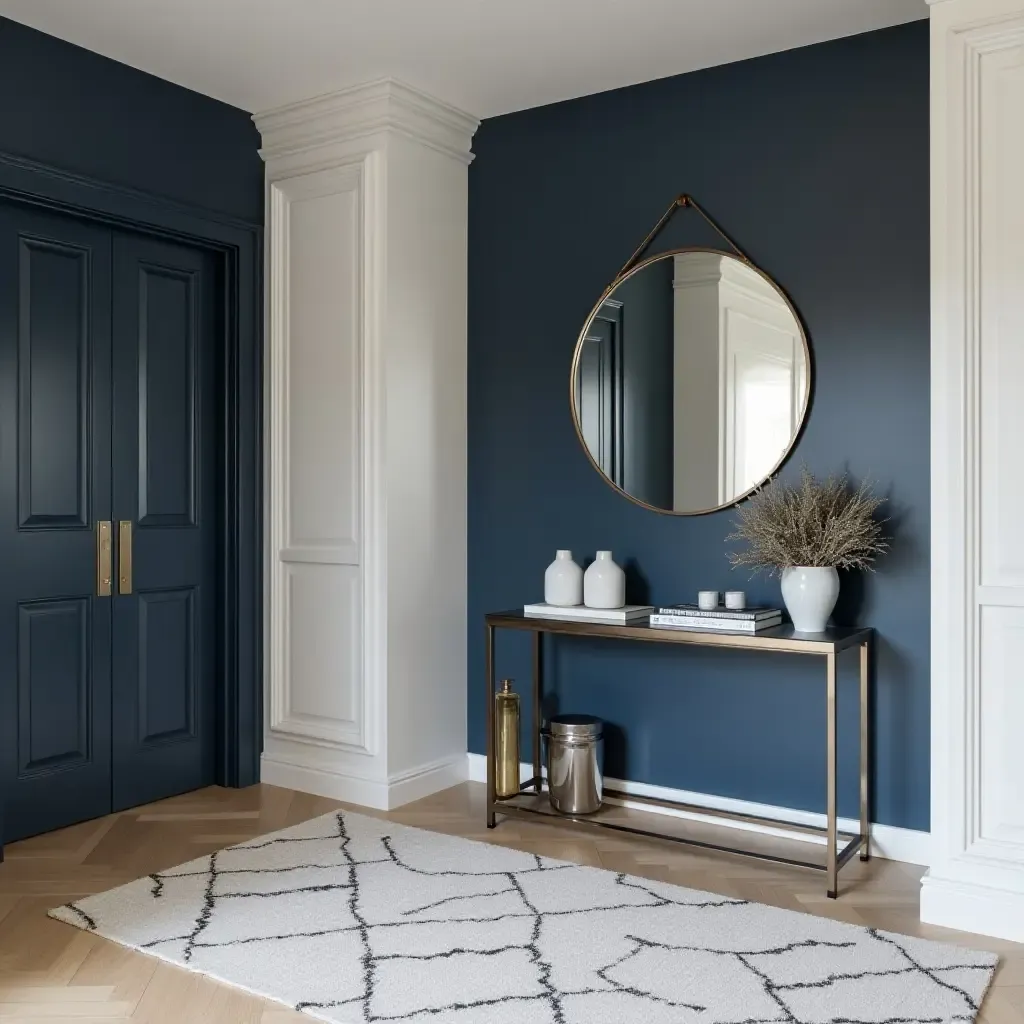 a photo of a sophisticated navy and silver entryway with minimalistic design