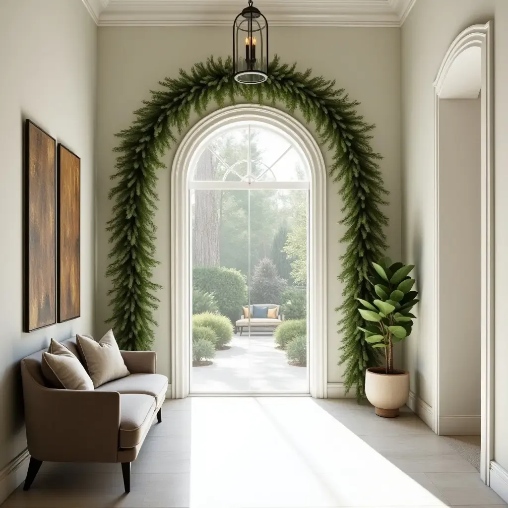 a photo of a bright foyer with a decorative plant archway