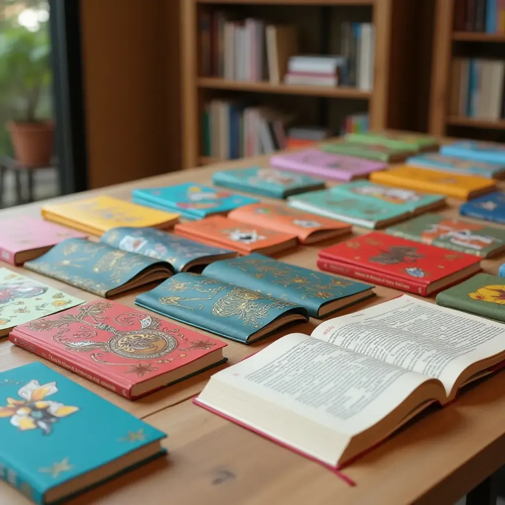 a photo of a creative display of colorful books on a table