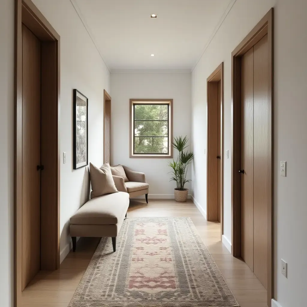 a photo of a narrow corridor with a stylish rug and decor