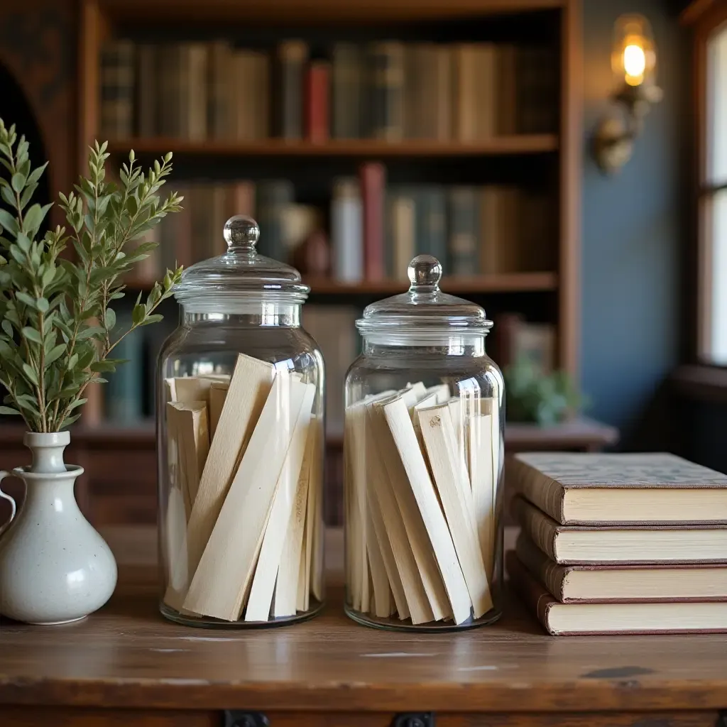 a photo of a farmhouse library with decorative jars filled with bookmarks