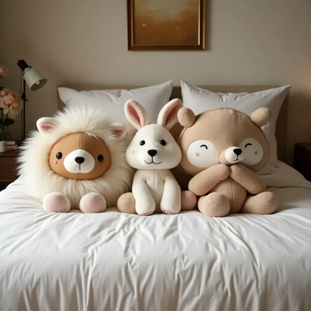 a photo of a cozy bed surrounded by whimsical animal-shaped pillows