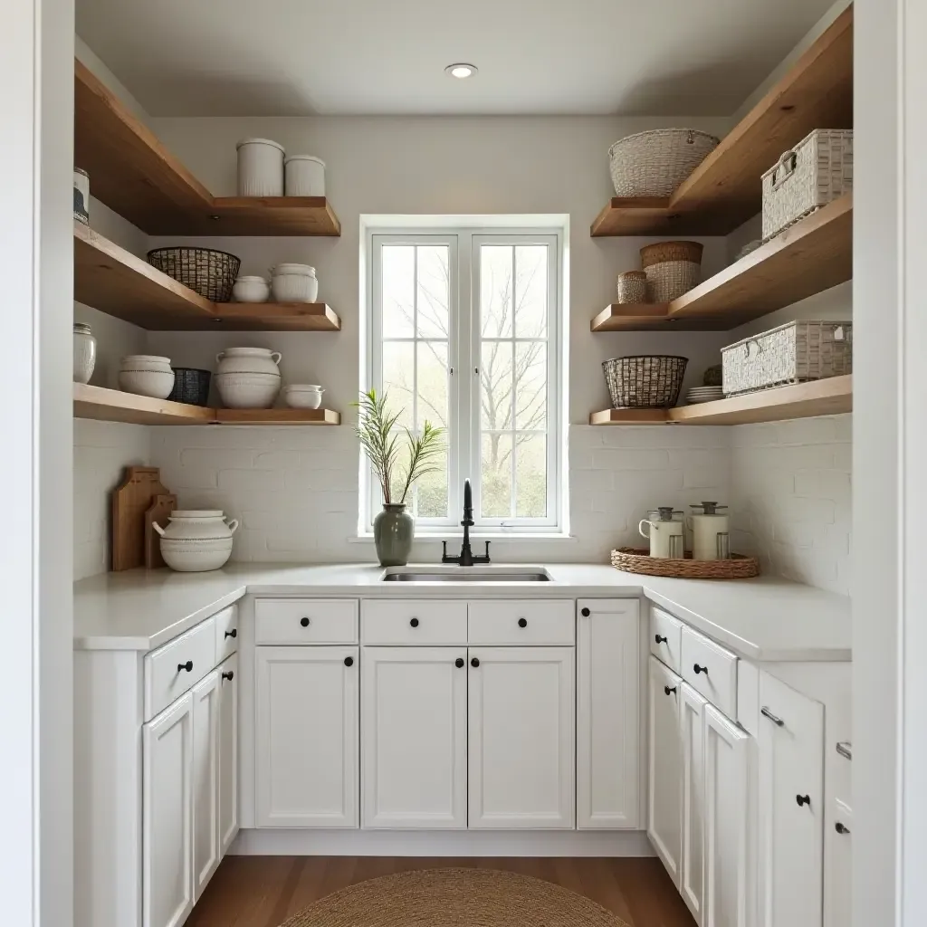 a photo of a modern pantry featuring open shelving and decorative baskets