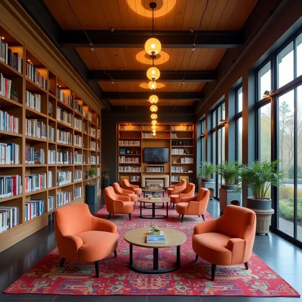 a photo of a library with pendant lights that complement a colorful decor scheme