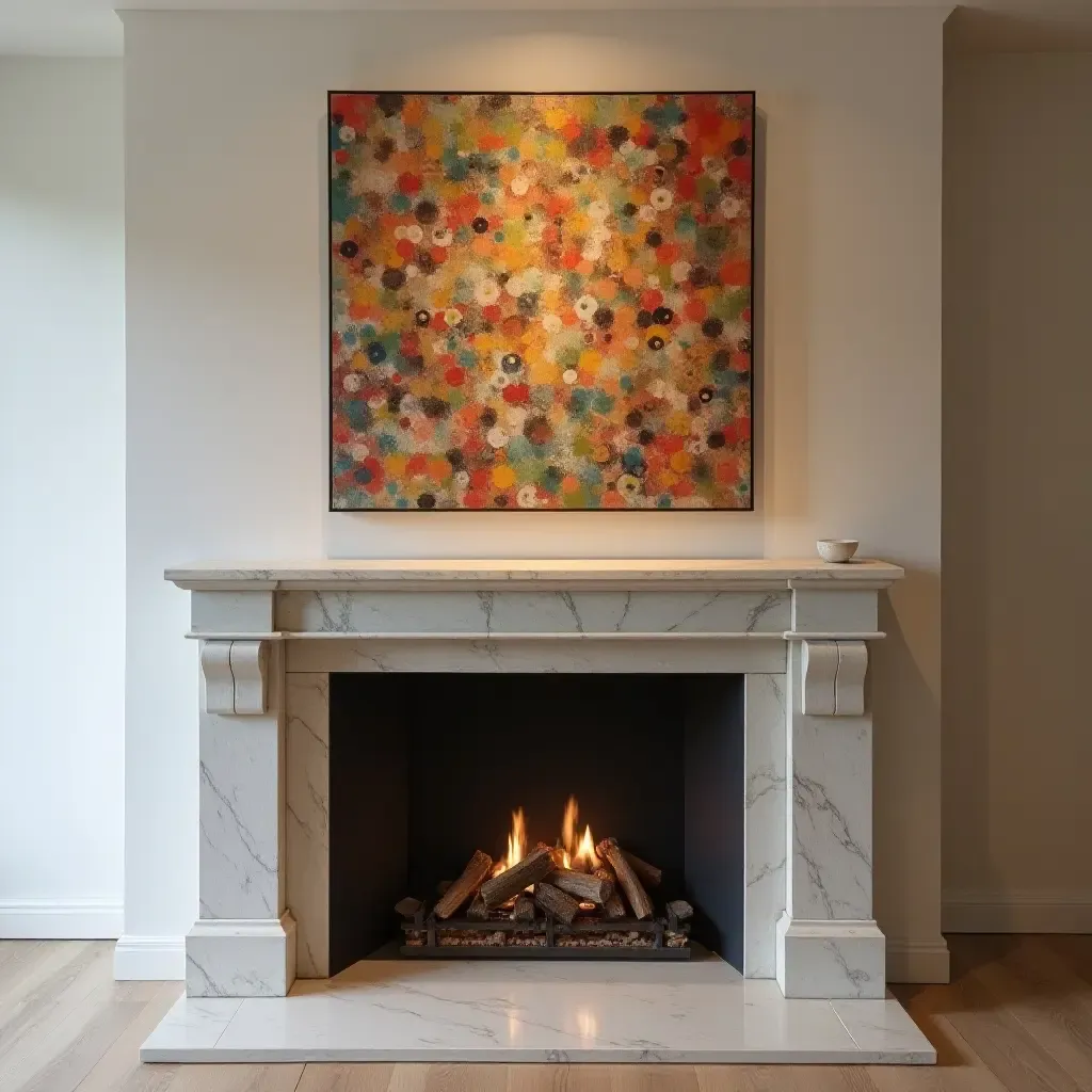 a photo of a fireplace mantel with a contemporary art installation