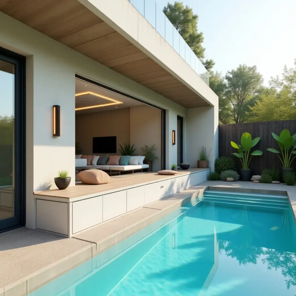 a photo of a modern pool area featuring wall-mounted storage