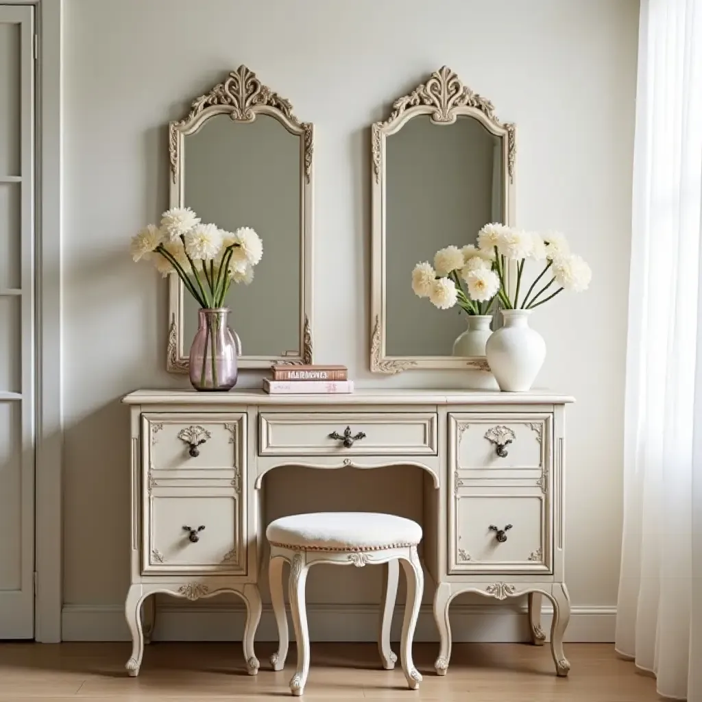 a photo of a charming vintage vanity with antique mirrors and delicate decor