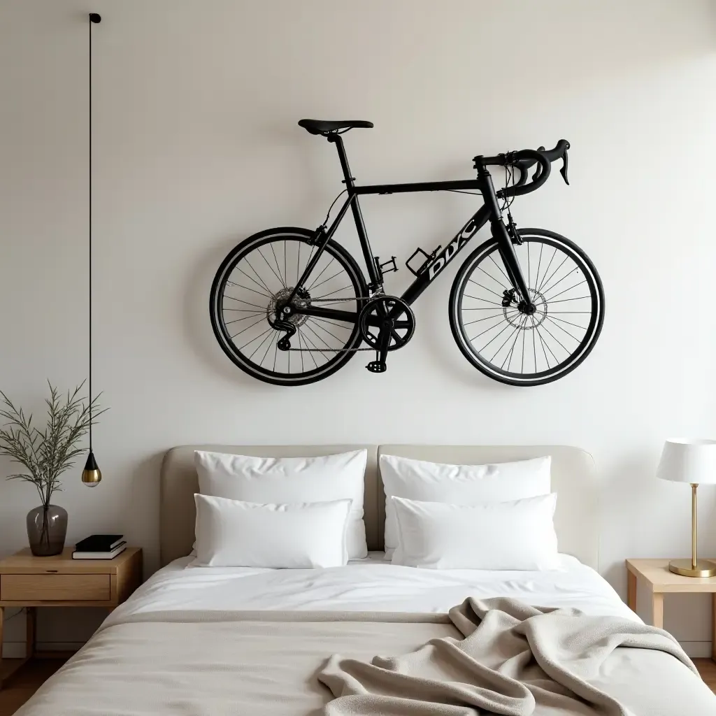 a photo of a bedroom with a stylish wall-mounted bike rack