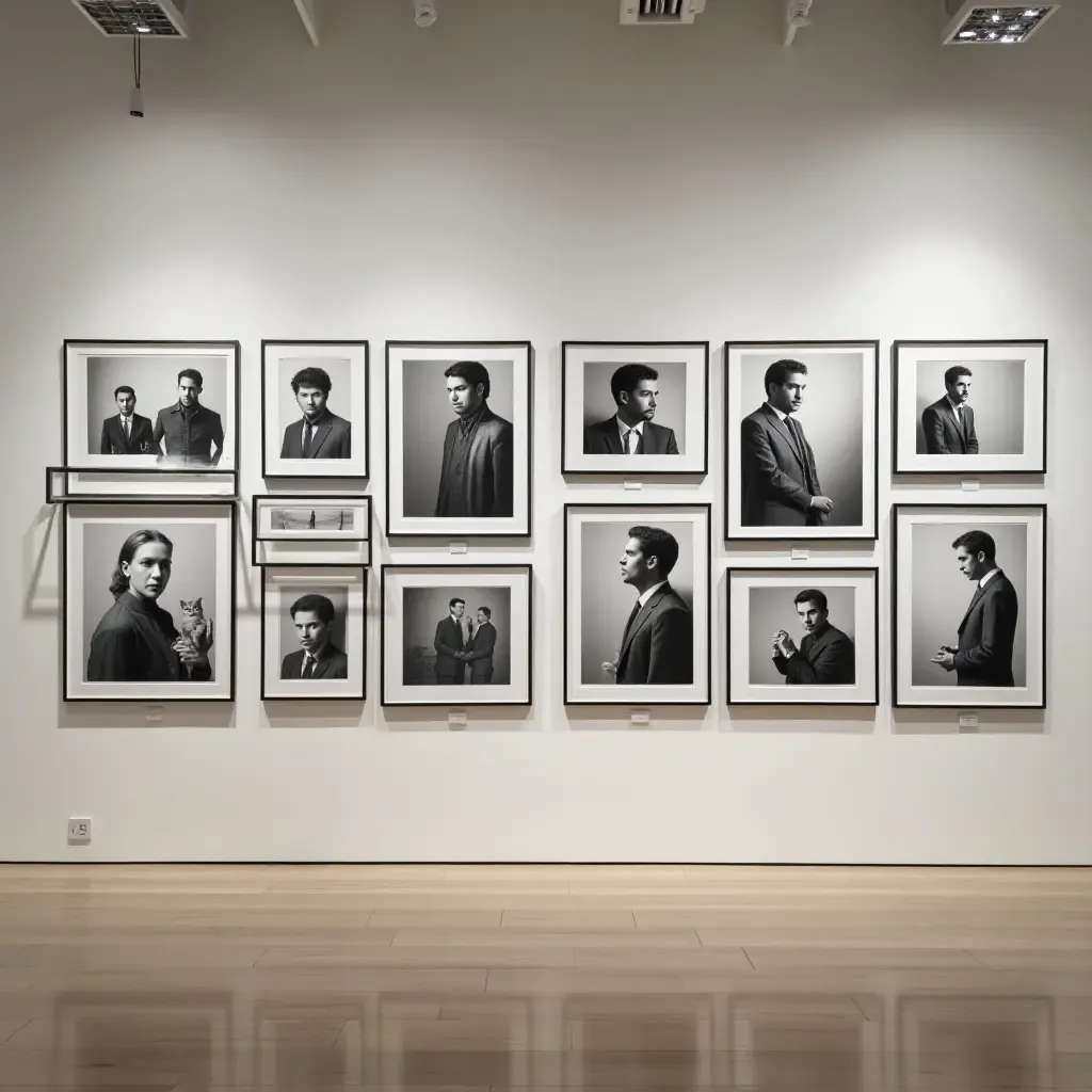 a photo of a gallery wall featuring a series of black and white portraits