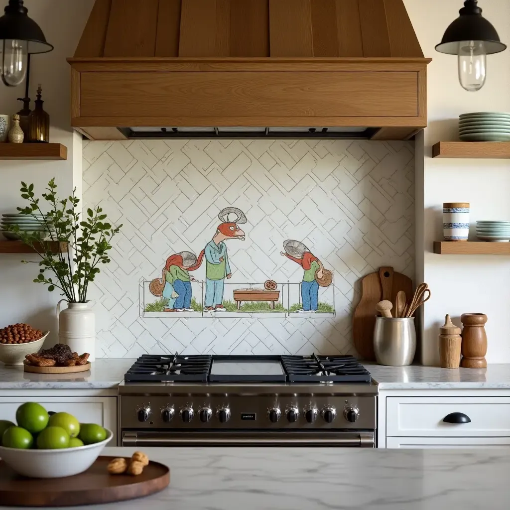 a photo of a hand-painted tile backsplash showcasing local artwork in a rustic kitchen