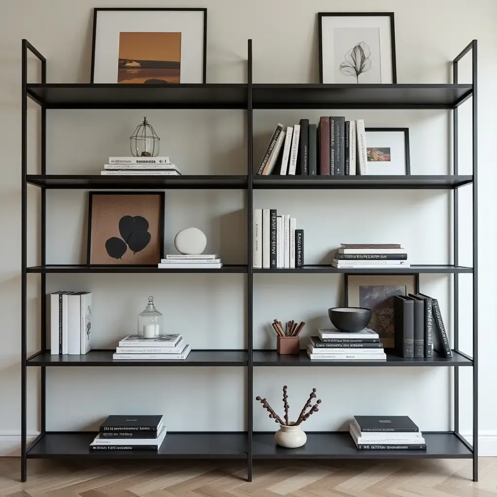 a photo of a sleek metal bookshelf showcasing a blend of books and framed art