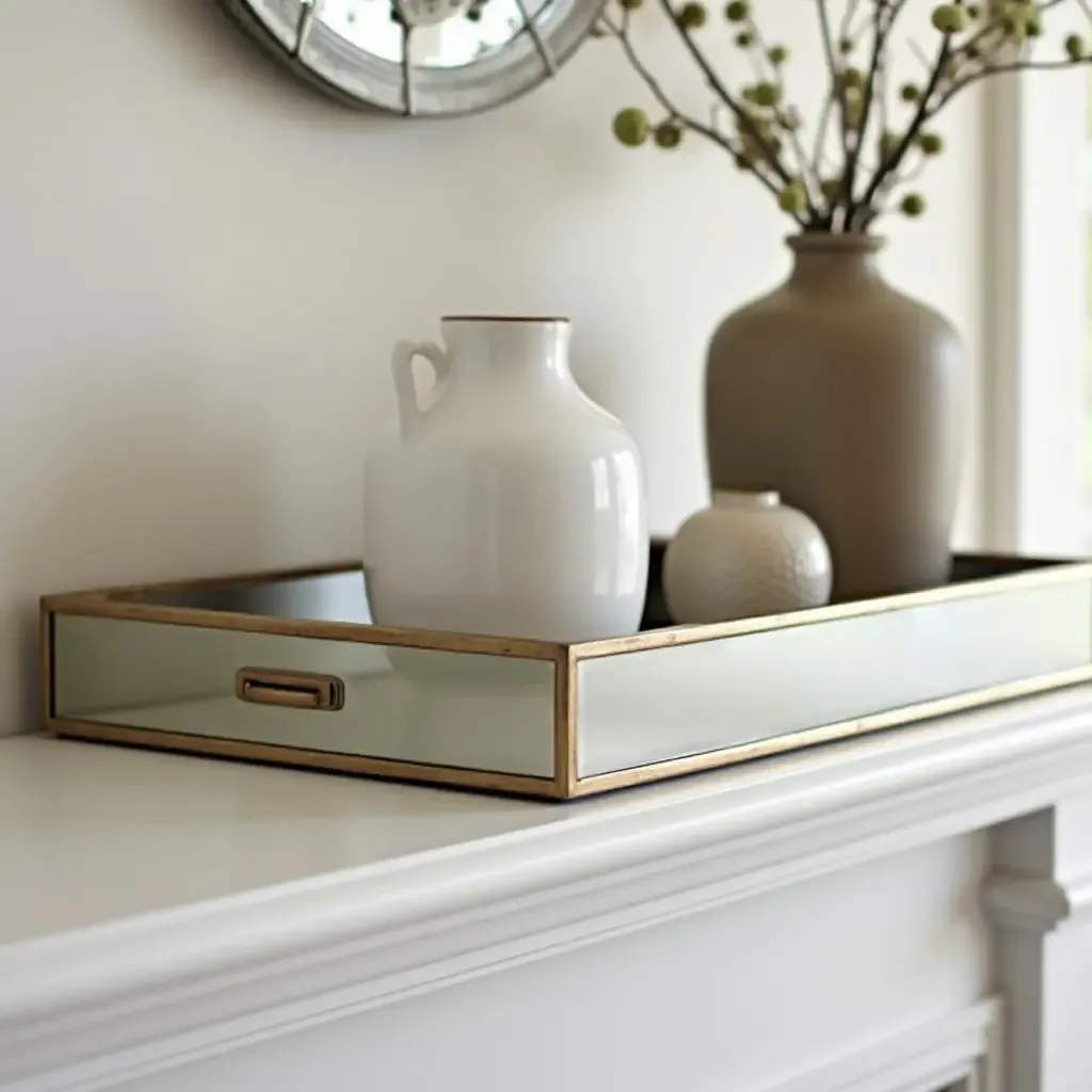 a photo of a mirrored tray with decorative items on a mantel