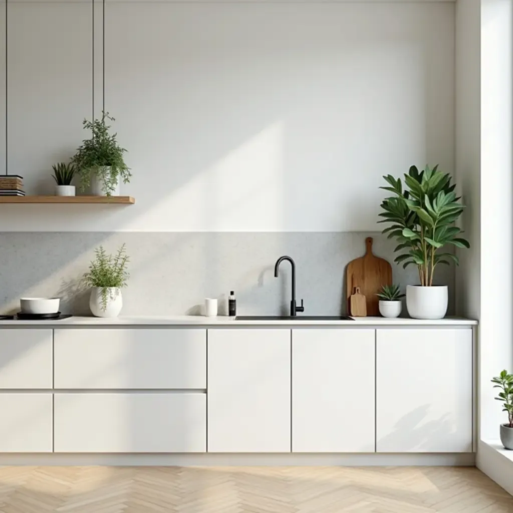 a photo of a functional kitchen with simple lines and decorative plants