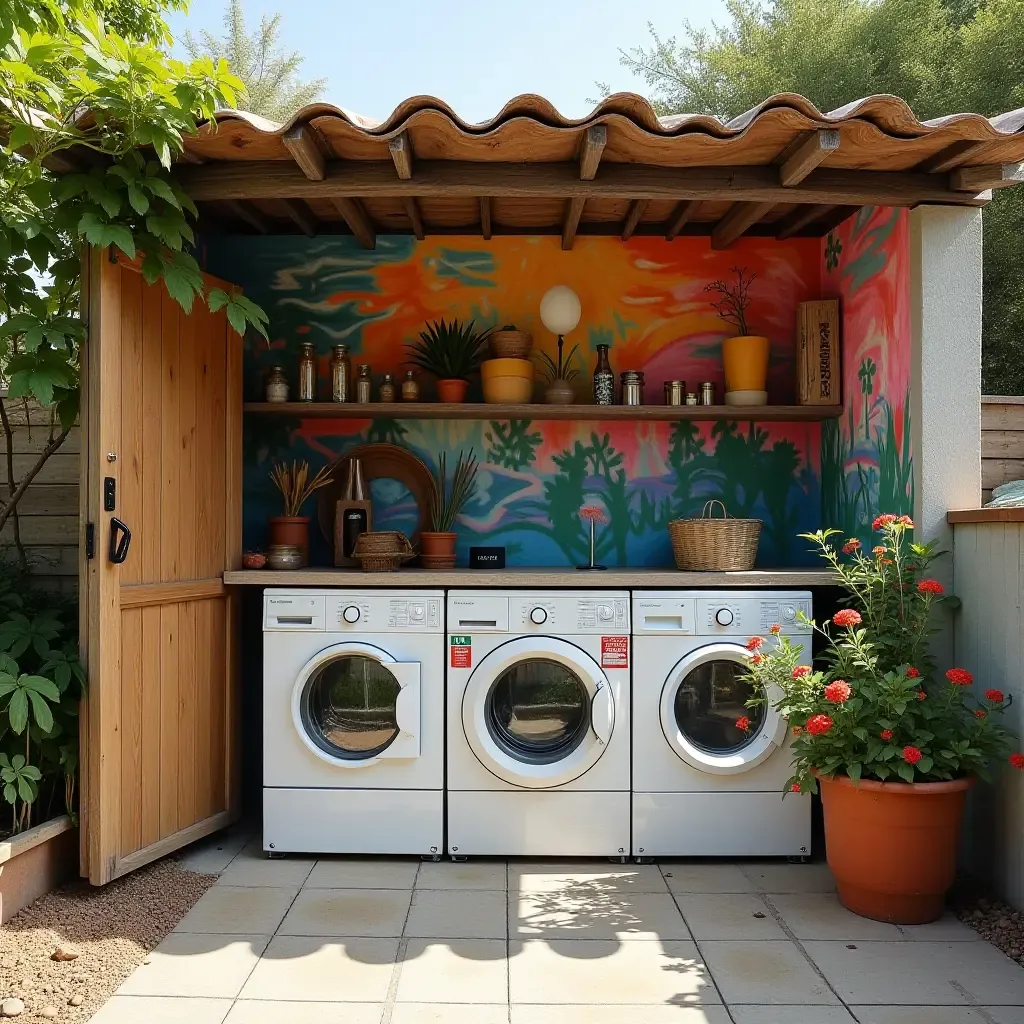 a photo of an outdoor laundry space with a vibrant mural and artistic touches