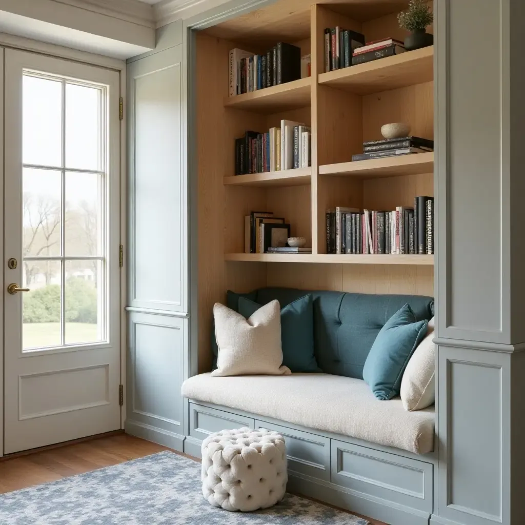 a photo of a cozy cream and blue reading nook with plush cushions and a stylish bookshelf