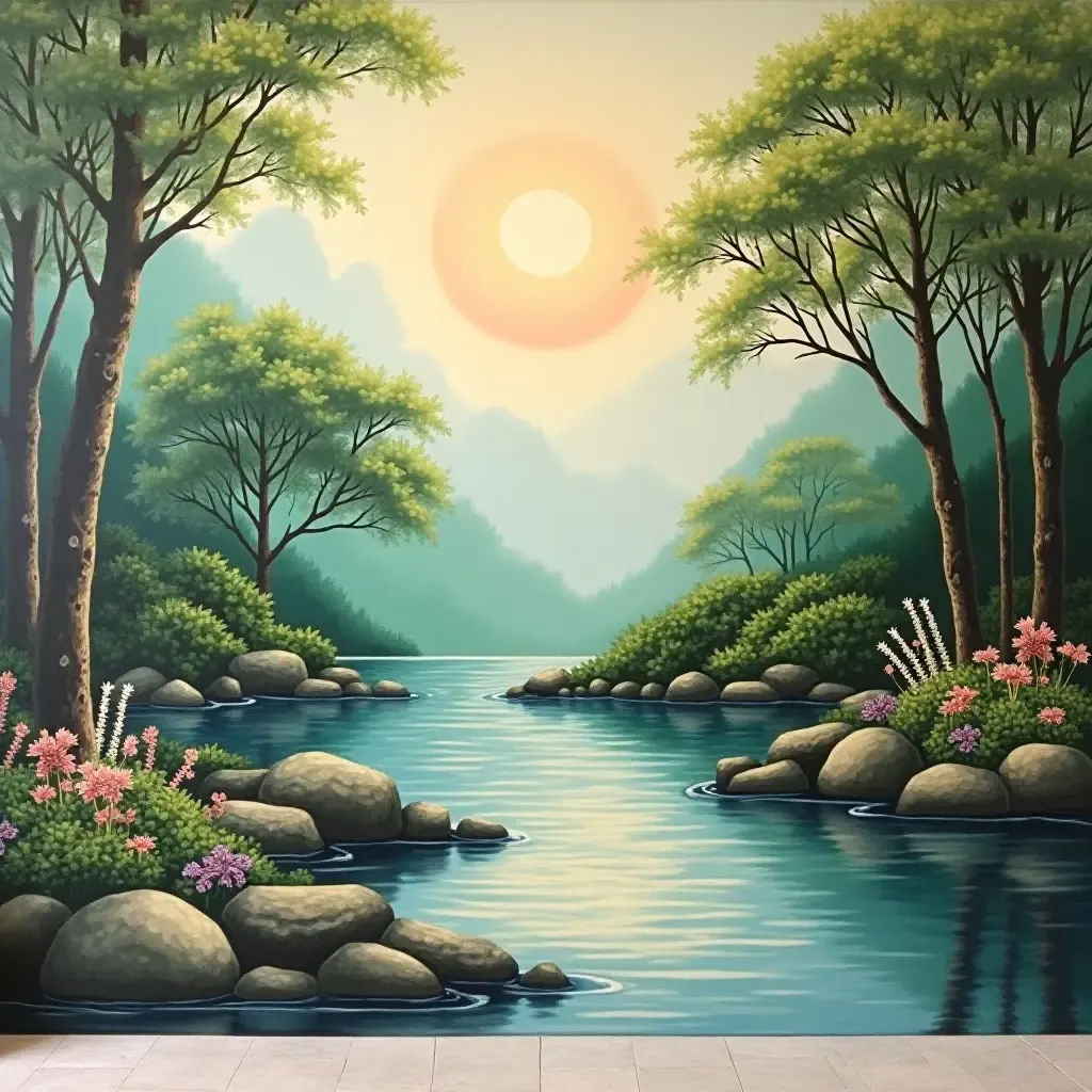 a photo of a zen garden mural promoting tranquility