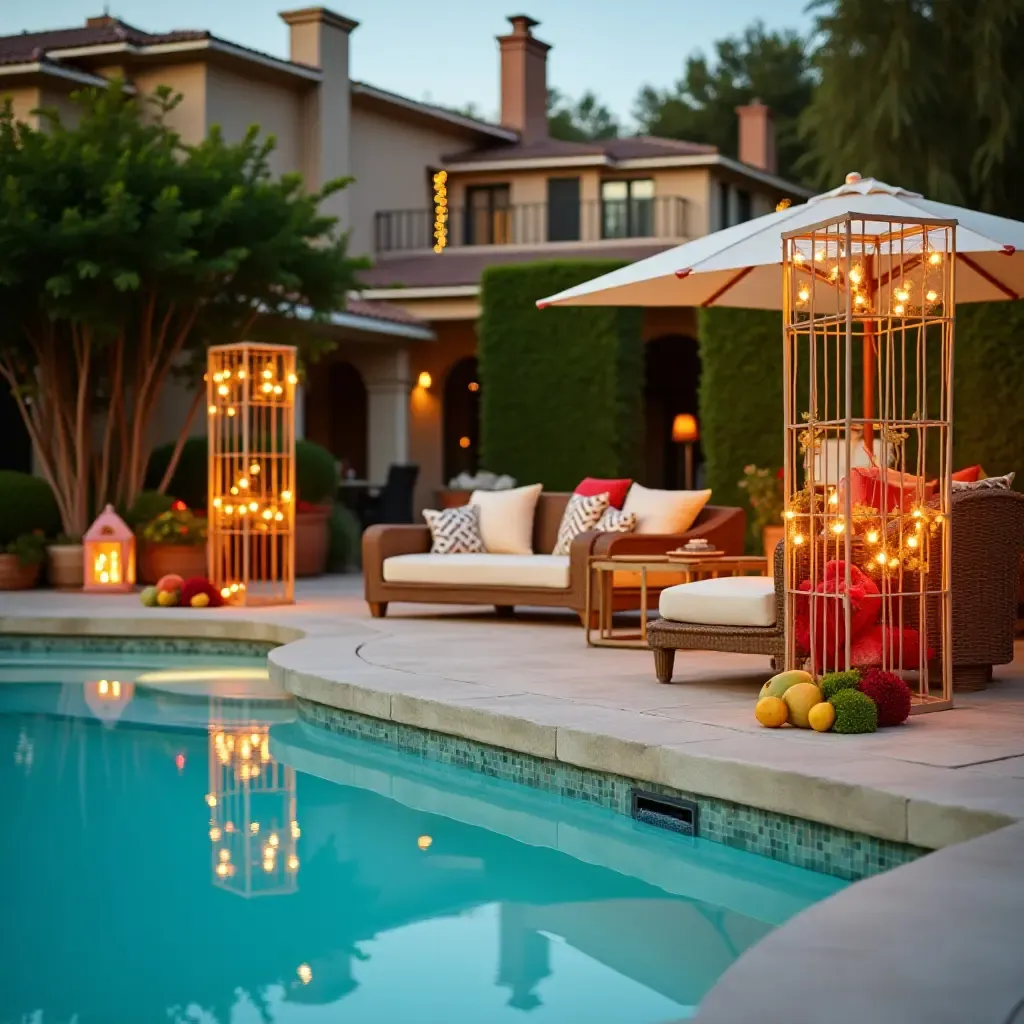 a photo of a vibrant cocktail party setup by a glamorous pool