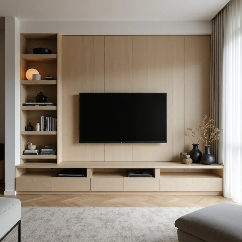 a photo of a minimalist entertainment center with hidden storage