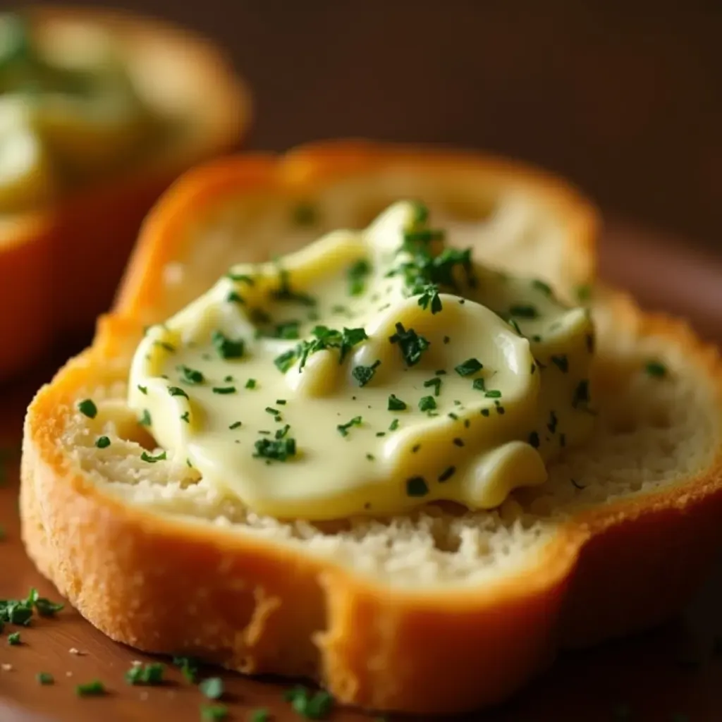 a photo of a French herb blend-infused butter melting on warm, crusty bread.