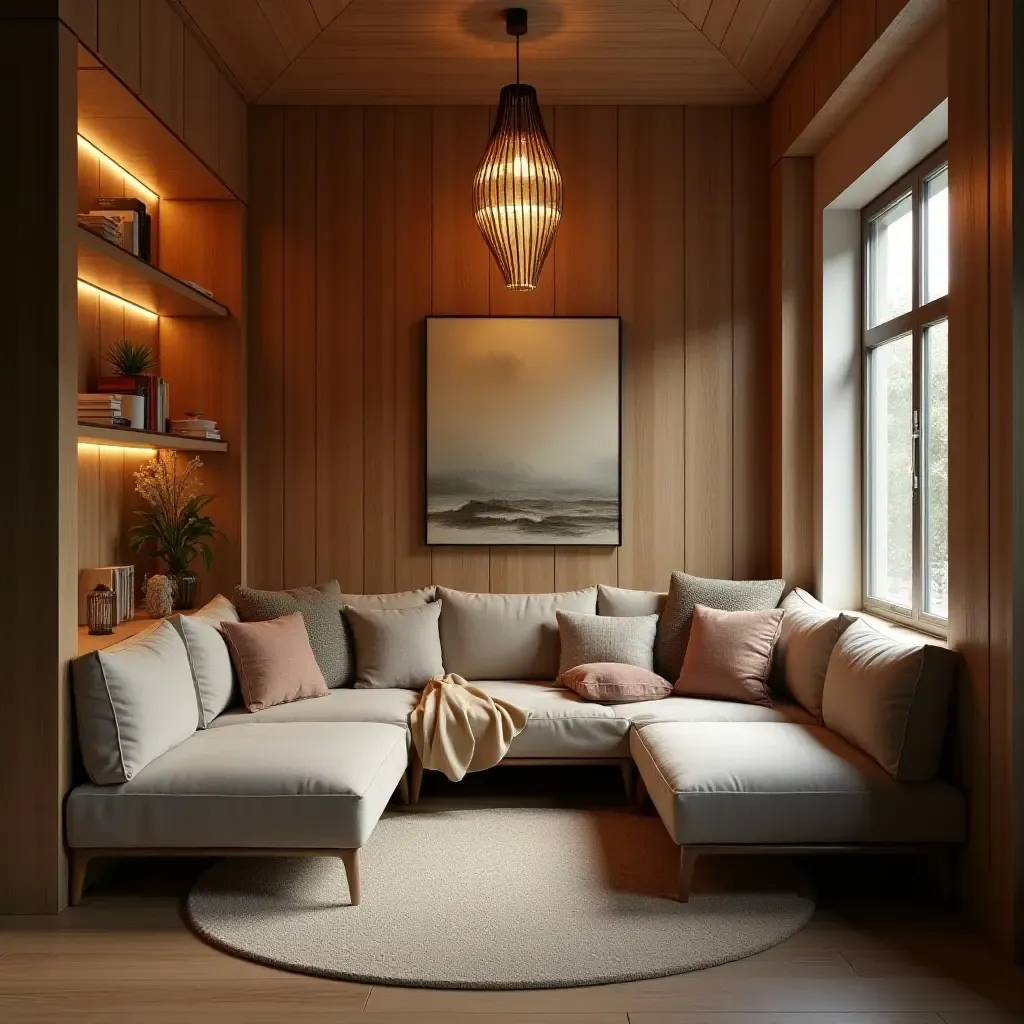 a photo of a reading nook with a unique light fixture and cozy decor