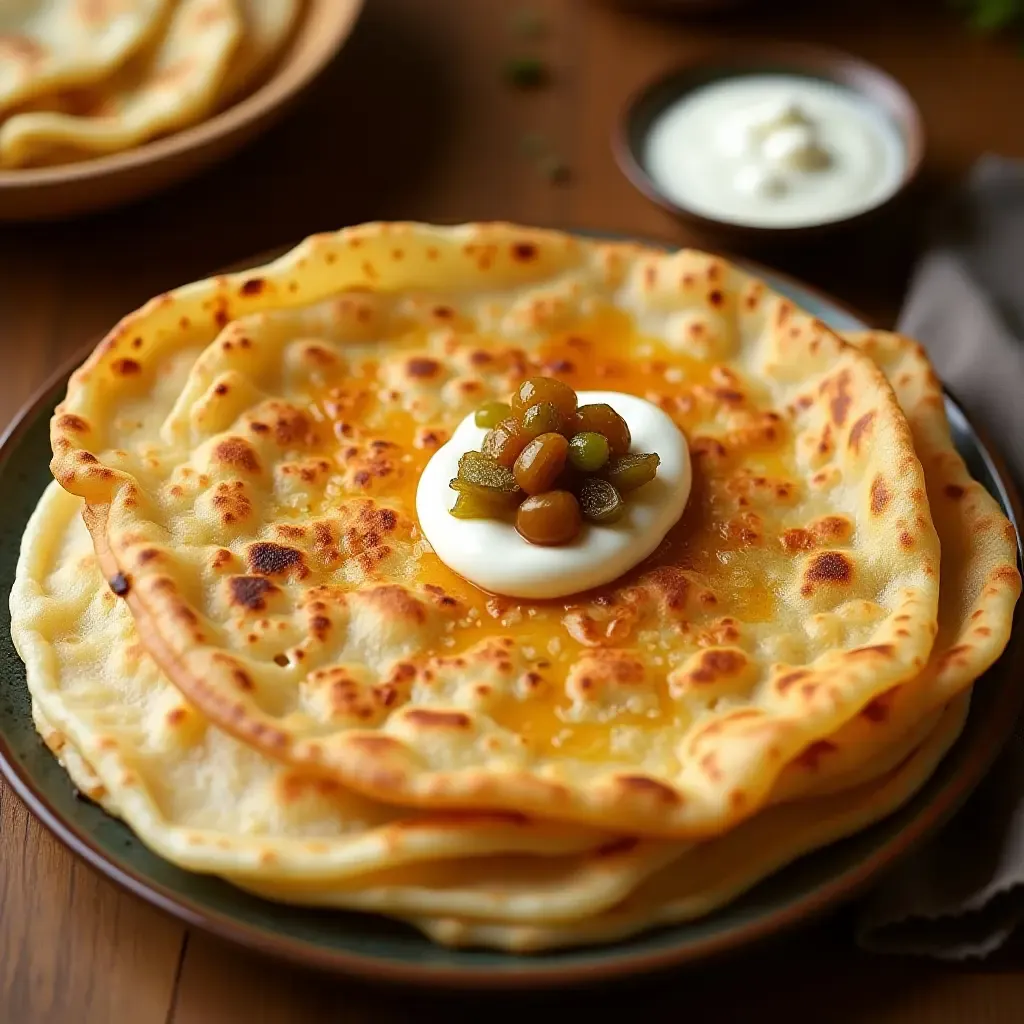 a photo of golden, crispy paratha layered with ghee, served with yogurt and pickles.