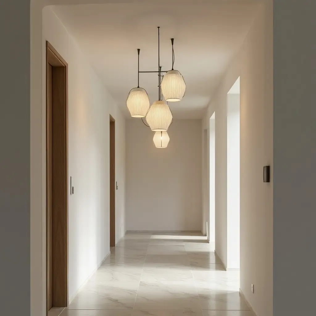 a photo of a minimalist entrance hall with geometric pendant lights