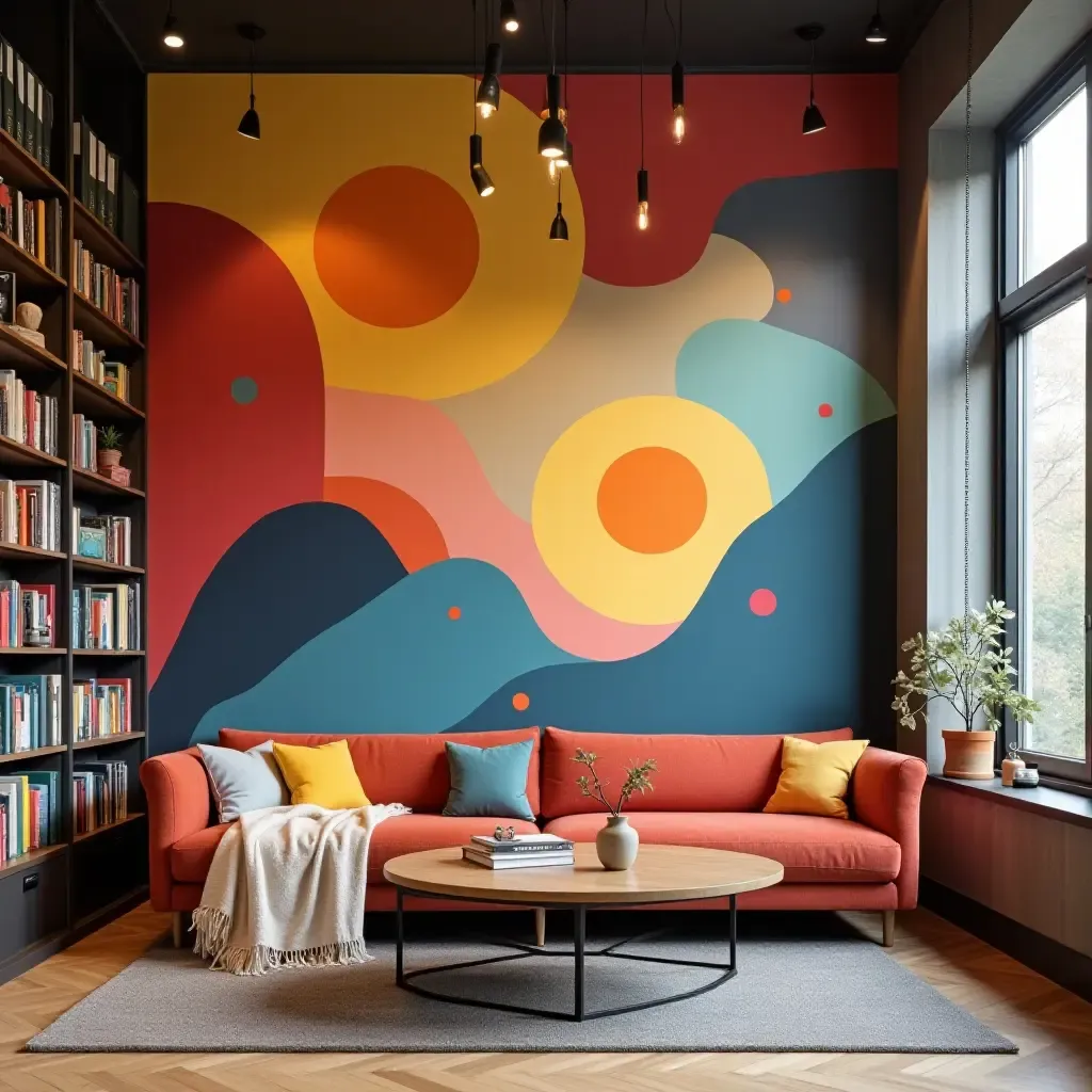 a photo of a colorful abstract mural in a cozy library