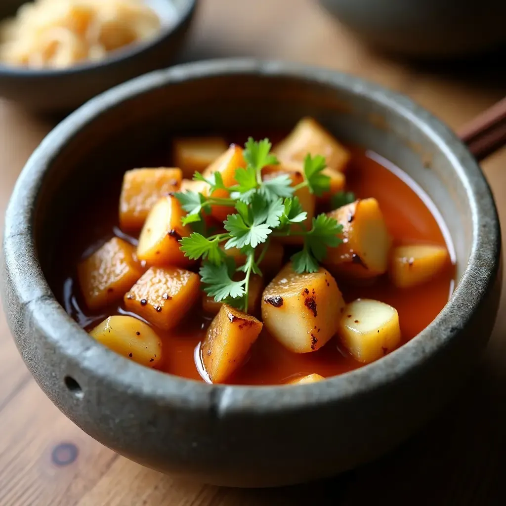 a photo of hearty doenjang jjigae with zucchini, potatoes, and tofu in a stone bowl