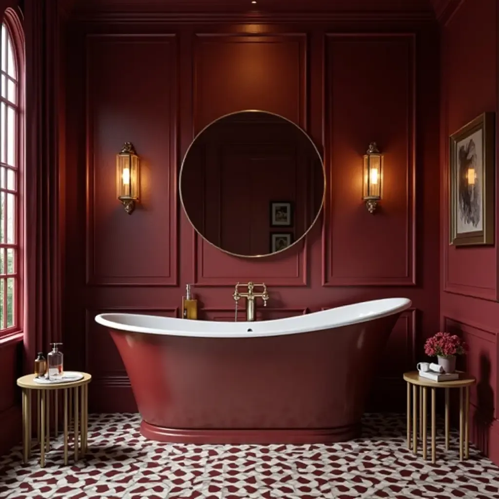 a photo of a rich burgundy and silver bathroom with luxurious textures