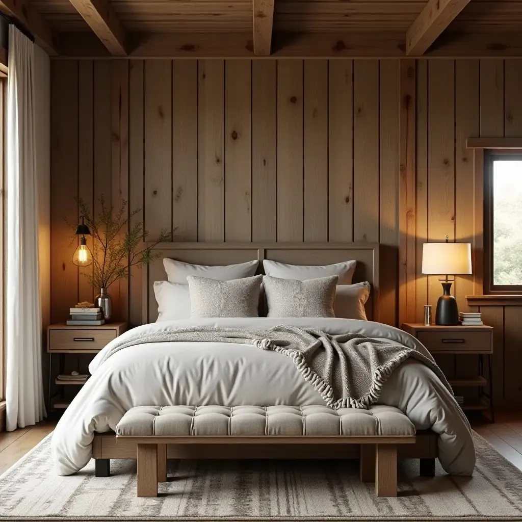 a photo of a rustic farmhouse bedroom with reclaimed wood and cozy textiles