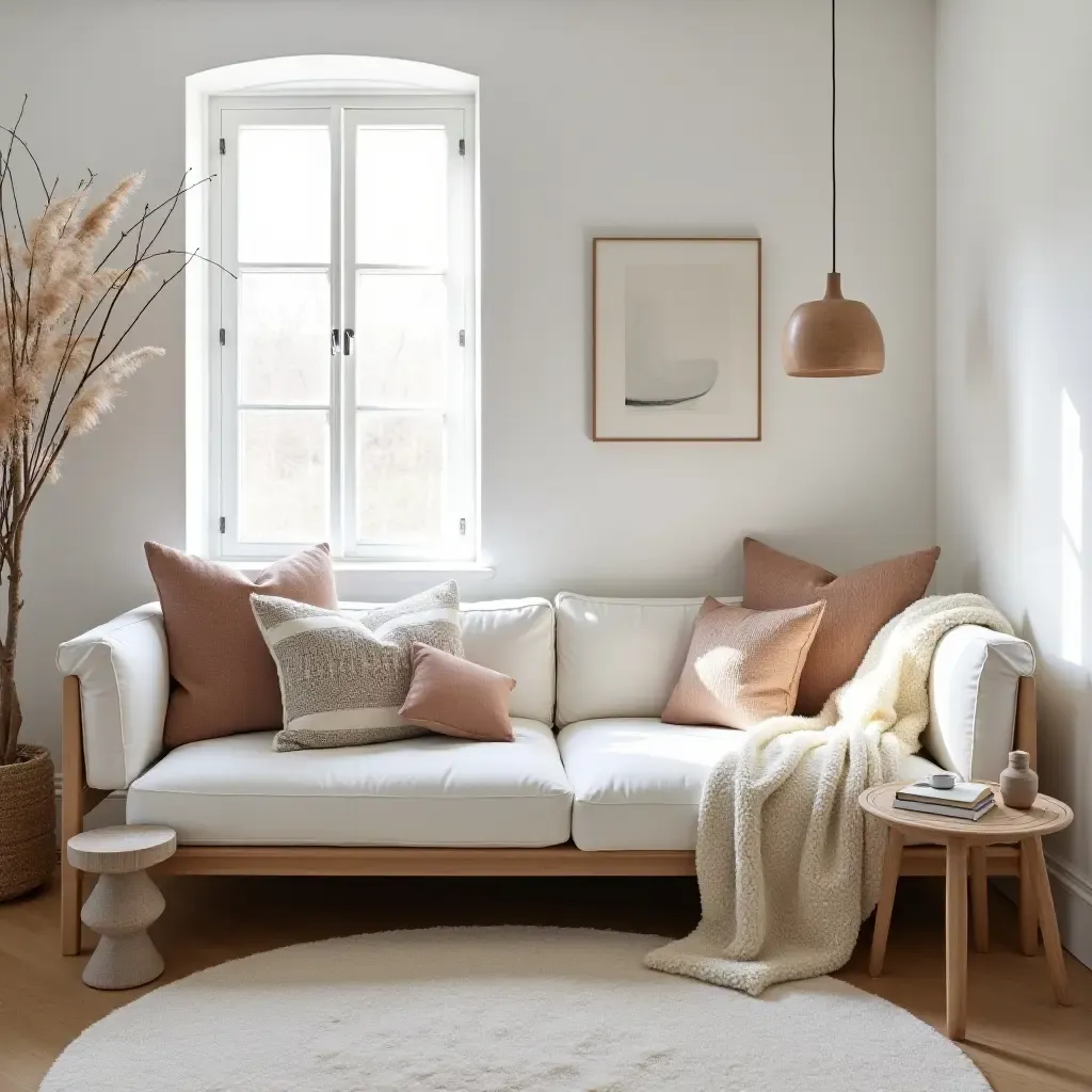 a photo of a cozy nook with minimalist furniture and bohemian cushions