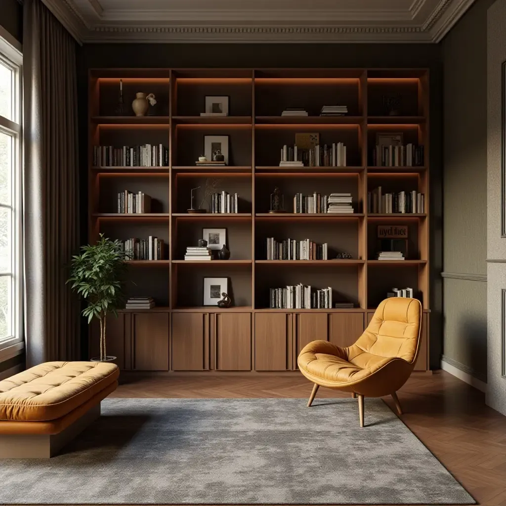 a photo of a library with a statement shelving unit as a focal point