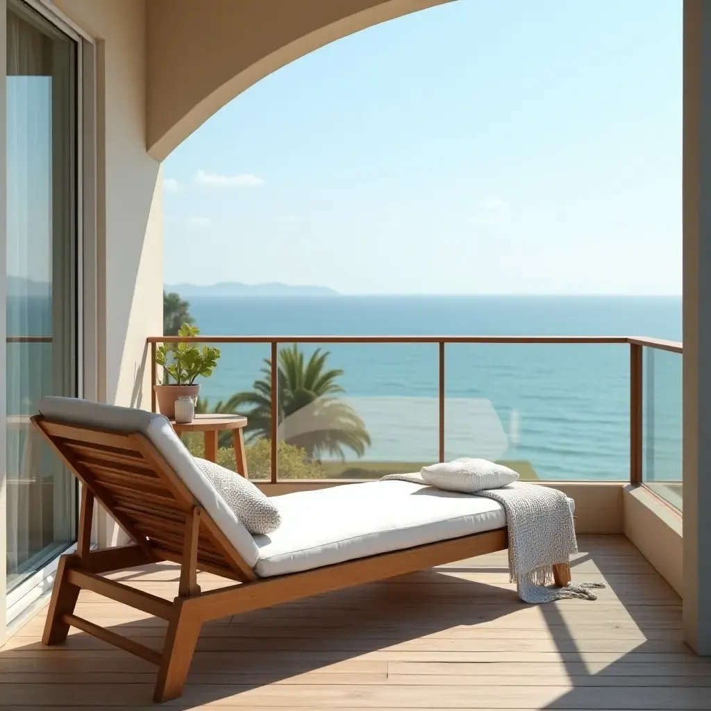 a photo of a balcony featuring a wooden deck chair and beach towels