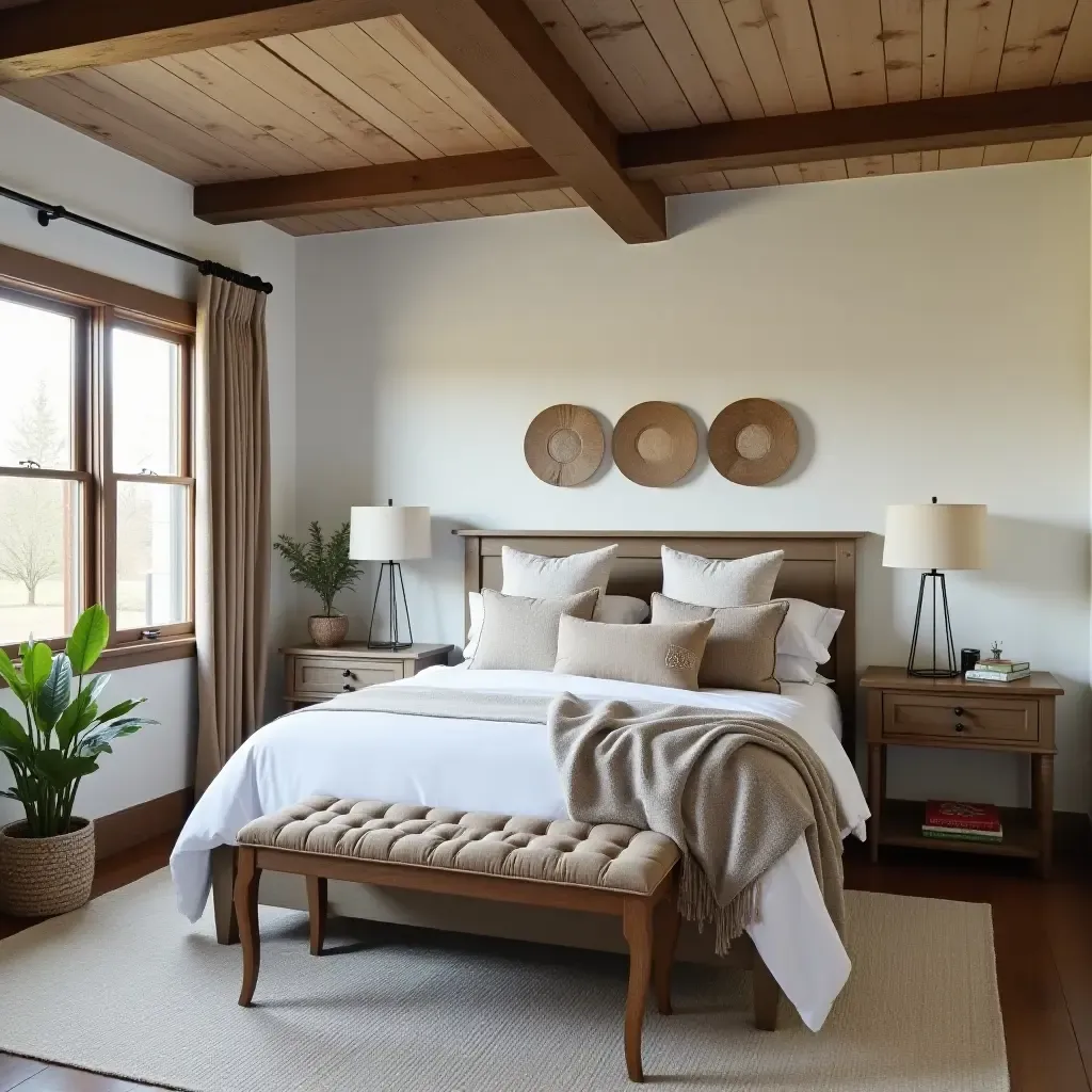 a photo of a rustic farmhouse bedroom with a blend of modern and vintage pieces