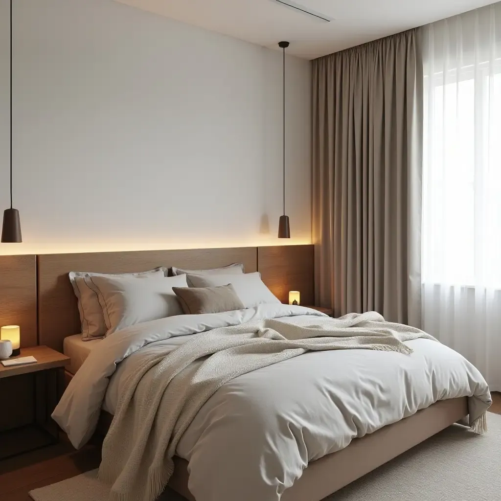 a photo of a small bedroom with layered textiles and a natural wood headboard