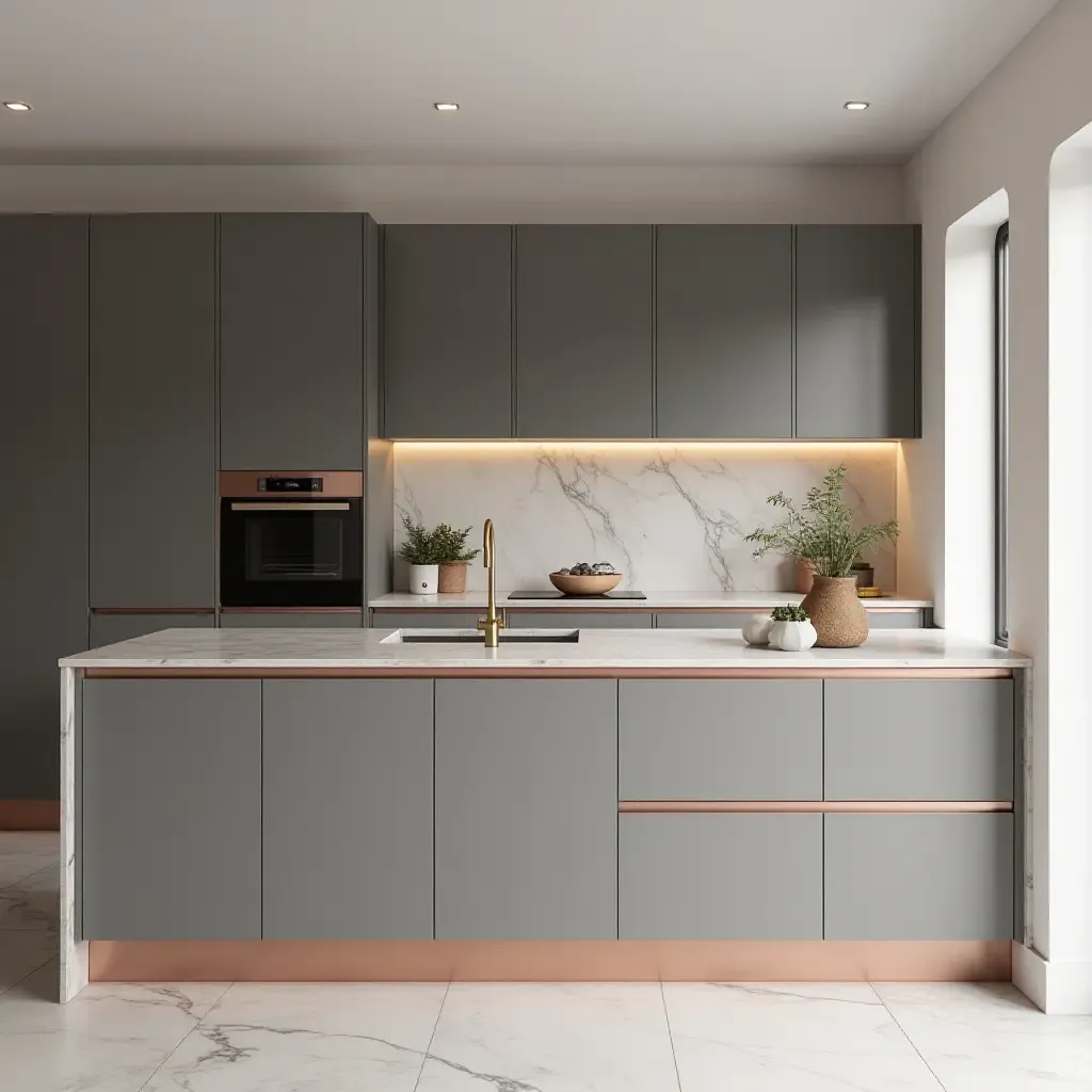 a photo of a sophisticated gray and rose gold kitchen with minimalist design