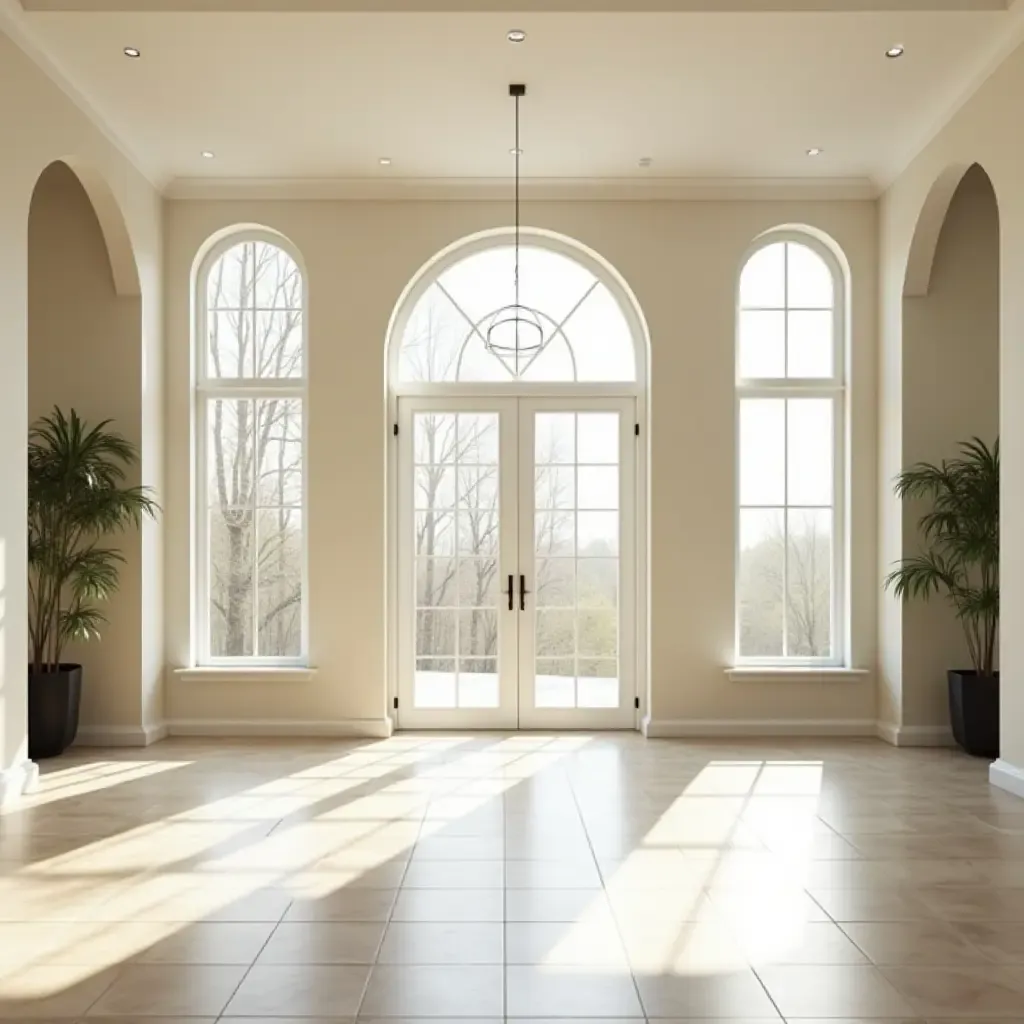 a photo of a bright entrance hall with large windows and natural light