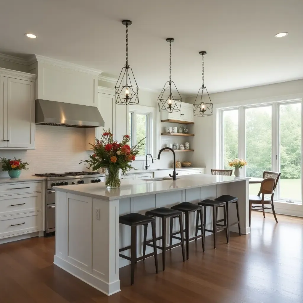 a photo of a kitchen island decorated with seasonal flowers