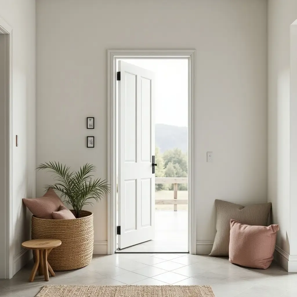 a photo of an inviting foyer featuring a large woven basket and cushions