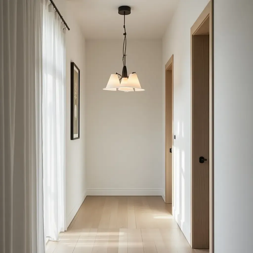 a photo of a Scandinavian-inspired hallway with a statement light fixture