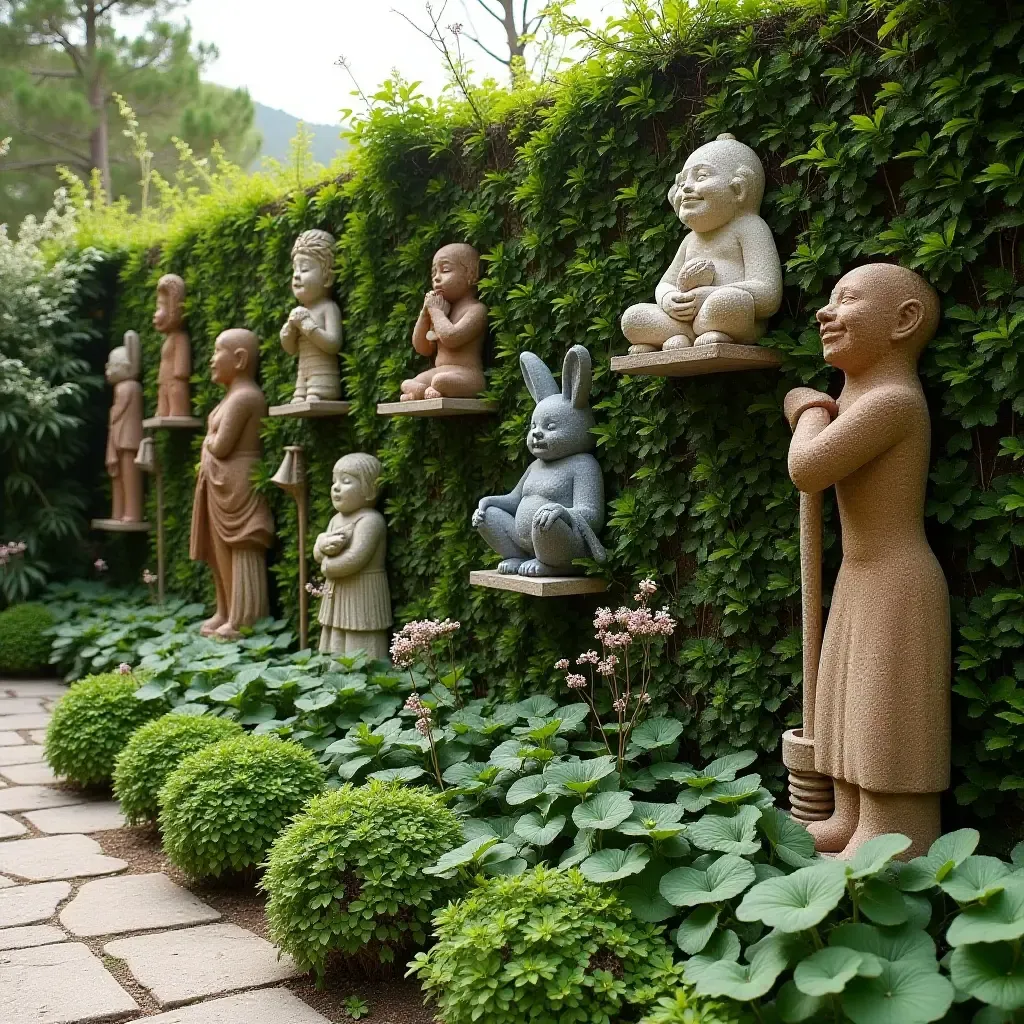 a photo of a playful garden wall with artistic sculptures