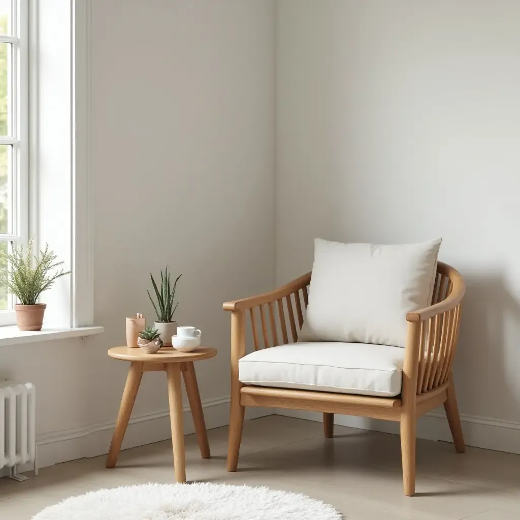 a photo of a wooden accent chair in a corner of a bathroom